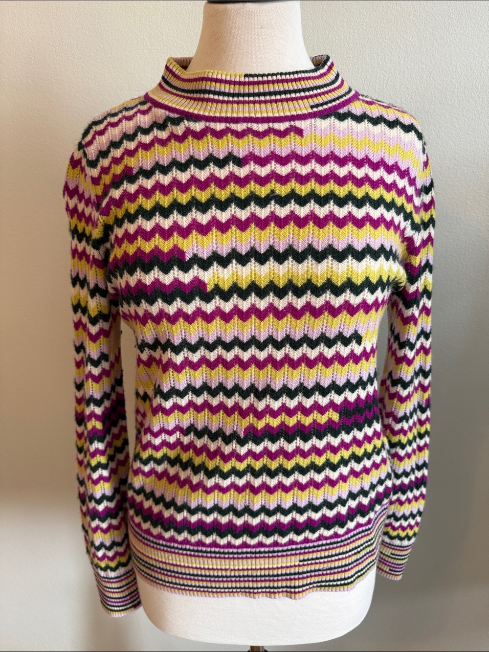 Chevron-Striped Crew Neck Sweater in Pink, Yellow & Black